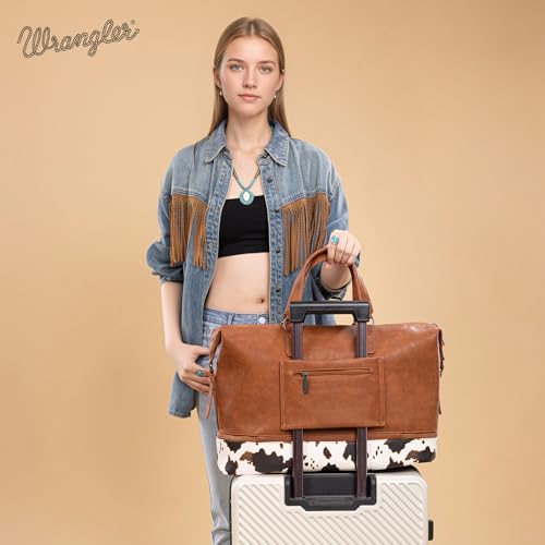 Wrangler Travel Duffel Bag Carry On Overnight Bag with Shoe Compartment Cow Print Weekender Bag for Women WG253-5110COW-BR