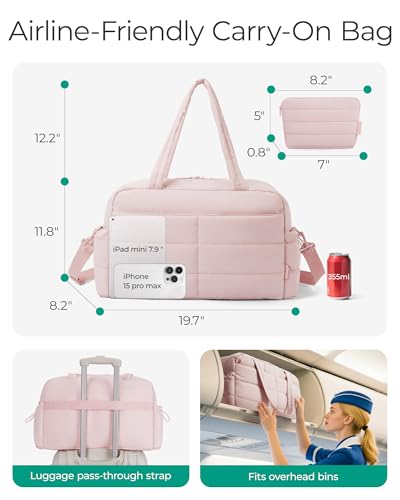 BAGSMART Gym Bag for Women, Lightweight Puffer Duffle Bag 2-PC Travel Bag, 31L Weekender Overnight Bag Quilted Carry On Tote Bag, Diaper Hospital Dance Bag for Travel, Gym, Water Resistant, Pink