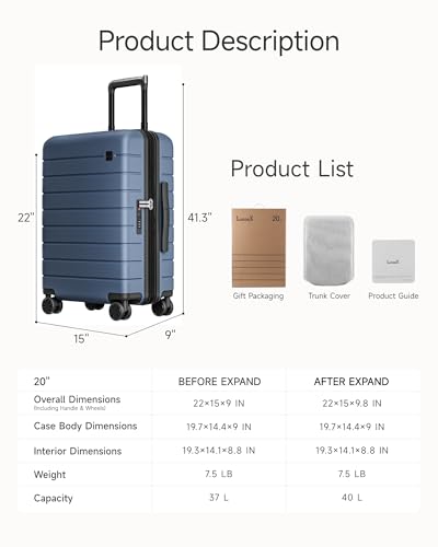LUGGEX Carry On Luggage 22x14x9 Airline Approved,HUP3 Accelerate Access with DiHook, Handy Pouch, 20 inch Expandable Hard Shell Suitcases with Spinner Wheels (EX-Enhance,Nautical Blue,20 Inch,37L-41L)