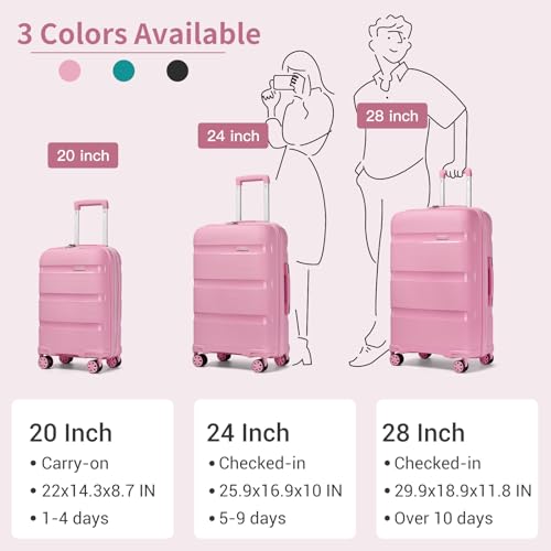 Kono Carry On Luggage 20 Inch Expandable 22x14x9 Airline Approved Hard Shell Travel Trolley 4 Spinner Wheels Lightweight Polypropylene Suitcase with TSA Lock, Pink