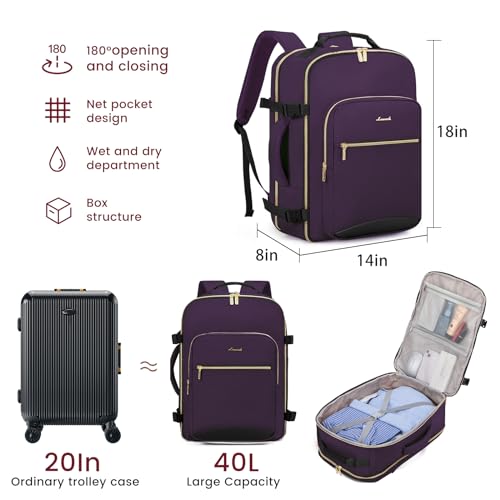 LOVEVOOK 40L Large Travel Backpack for Women Men, 17 Inch Carry on Backpack for Traveling on Airplane, Personal Item Travel Bag Airline Approved, Business Causal Weekender Backpack, Purple-Black