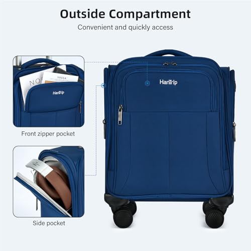 HanTrip 16 Inch Underseat Carry On Luggage with Wheels Softside Small Suitcases Personal Item Bag with Pocket Travel Luggage for Men Women Business Overnight Bag(Blue)