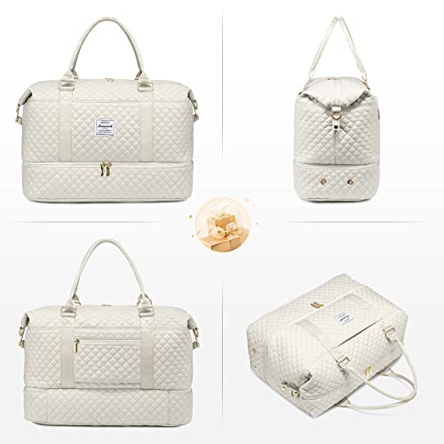 LOVEVOOK Travel Duffle Bag, Weekender Bags for Women with Shoe Compartment, Carry on Overnight Bag with Toiletry Bag, Gym Duffel Bag with Wet Pocket, Hospital Bags for Labor and Delivery, Beige