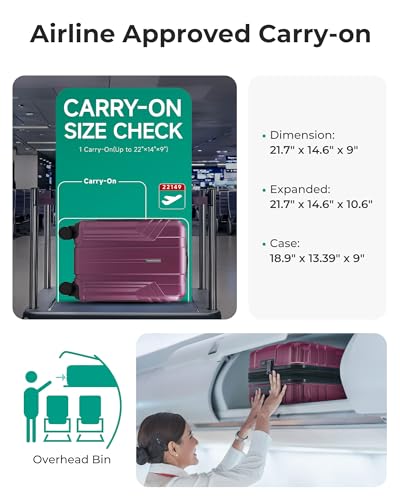 BAGSMART Expandable Carry On Luggage 22x14x9 Airline Approved, Purplish Red