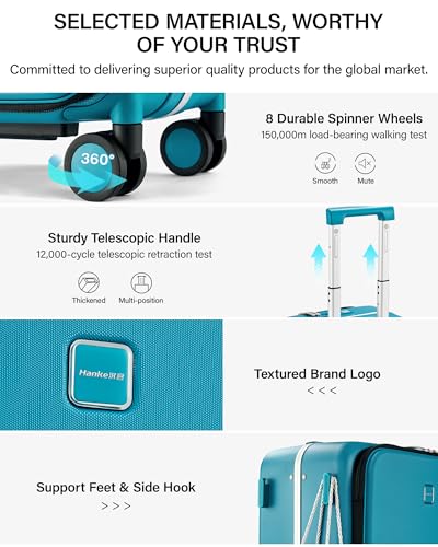 Hanke 20 Inch Top Opening Carry On Luggage with Cup Holder, Hard Shell Suitcase with Spinner Wheels, USB Ports, TSA Lock Aluminum Frame, Dry Wet Separation & Removable Divider, Caribbean Blue