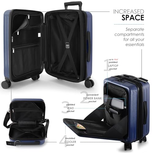 TRAVELARIM 20 Inch Carry On Luggage 22x14x9 Airline Approved, Carry On Suitcase with Wheels, Hard-shell Carry-on Luggage, Durable Luggage Carry-On, Navy Small Suitcase with Cosmetic Case