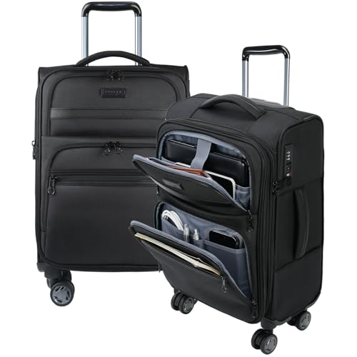 KROSER Softside Expandable Carry On Luggage with Front Business Pockets，20 Inch Suitcases with Spinner Wheels & Built-in TSA Lock, Durable Suitcase Rolling Luggage with USB Port, Black