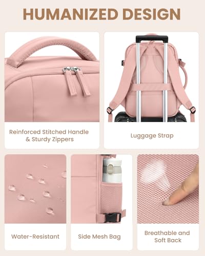 Pritent Travel Backpack for Women Man, Waterproof Personal Item Travel Bag Airline Approved Laptop Backpack Bookbag Weekender bags for Business,Travel, Work Fits 15.6 inch Laptop(Medium,Pink)