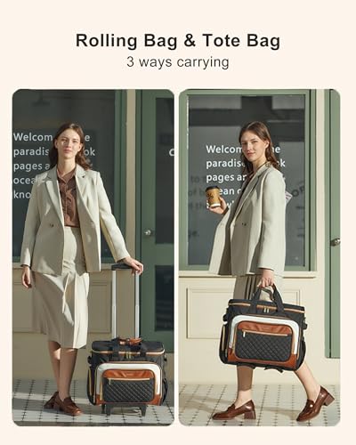 LOVEVOOK Rolling Teacher Bag with Detachable Dolly and Laptop Compartment, Large Rolling Tote Bag fits for 17.3" Laptop for Teacher Office Work Craft Nurse, Quilted-Black-beige-brown