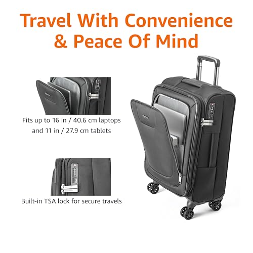 Amazon Basics 20" Carry-On Luggage, Softside Suitcase With TSA Lock, 8 Spinner Wheels, Telescoping Handle, Front Exterior Pocket, 3 Interior Pockets, Black