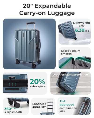 BAGSMART Carry On Luggage 22x14x9 Airline Approved, Lightweight luggage with Spinner Wheels, 20 Inch Expandable Hardside Carry On Suitcase with TSA Lock Rolling Travel suitcase Carry-On, Royal Blue