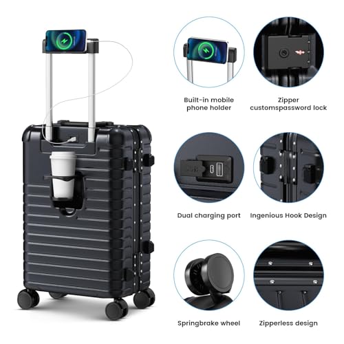 TIYFIY 20 Inch Carry on Luggage with Cup Holder, Airline Approved 22x14x9 Aluminum Frame PC Hard Shell Suitcase, 360° Spinner Wheels, TSA Lock for Short Trips and Business Travel