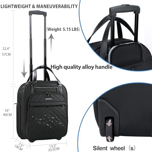 VANKEAN Carry On Underseat 16-inch Multi-functional Underseater Lightweight Overnight Suitcase with Wheels Roller Case for Women Men Travel Business, Black