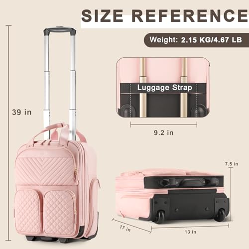 Arcoyard Underseat Carry On Luggage with Wheels, Airline Approved Personal Item Bag, Multiple Compartment Travel Carry-On with Leather Handle, Soft Side Lightweight Rolling Suitcase for Women, Pink, L