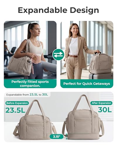 BAGSMART Expandable Personal Item Travel Bag, Lightweight Gym Bag for Women, 24L Weekender Travel Duffle with Toiletry Bag, Carry on Overnight Duffel, Camel
