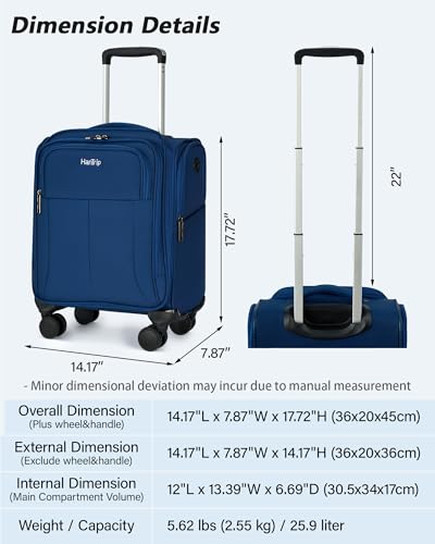 HanTrip 16 Inch Underseat Carry On Luggage with Wheels Softside Small Suitcases Personal Item Bag with Pocket Travel Luggage for Men Women Business Overnight Bag(Blue)