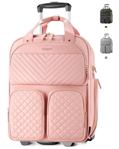 Arcoyard Underseat Carry On Luggage with Wheels, Airline Approved Personal Item Bag, Multiple Compartment Travel Carry-On with Leather Handle, Soft Side Lightweight Rolling Suitcase for Women, Pink, L