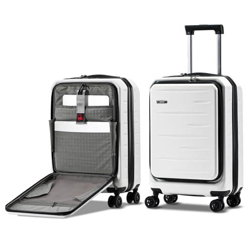 CENSIEN Carry On Luggage 22×14×9 Airline Approved, 20 Inch Lightweight ABS+PC Hard Shell Suitcases with Front Pocket, Spinner Wheels, TSA Lock (White, 1PC)