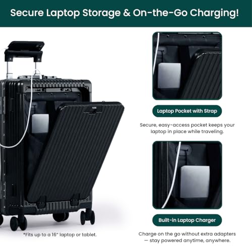 Nobl Travel Carry On Luggage, Noble Zipperless Aluminum Frame, 22.5x15x9.5, 360 Degree Spinner Wheels, TSA Locks, USB Charging Port, Cup & Phone Holder - Jet Black