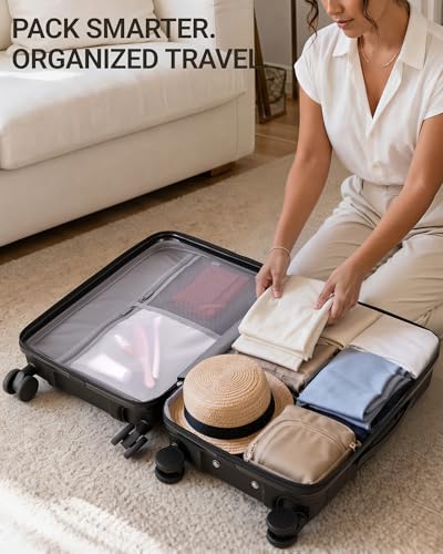 TAKUMI Carry On Luggage - 20 inch Expandable Suitcases with Wheels - Hardshell Carry on Suitcases with Front Pocket - Travel Luggage with TSA Lock (Black, 20 Inch-EXT)