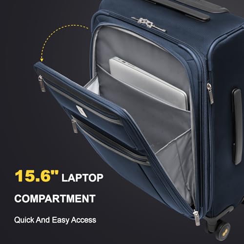 LEVEL8 Carry On Luggage Airline Approved with Compartment, Softside Expandable Rolling Suitcase with Spinner Wheels, Blue, Carry-On 20-Inch