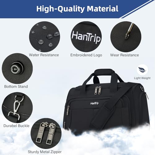 HanTrip Carry on Duffel Bag Foldable Duffle Bags for Travel, Under Seat Personal Item Bags for Airplanes, Weekender Overnight Mens Travel Tote Bag for Women Small Softside Carry on Luggage (Black)