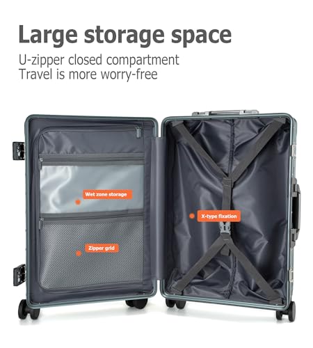feilario Aluminium Frame PC Hard Shell Spinner Wheels Luggage,20.8"X15"X8.7 Airline Approved Built-In TSA lock Carry on Suitcase, with Cup Holder, USB Port, Phone Holder