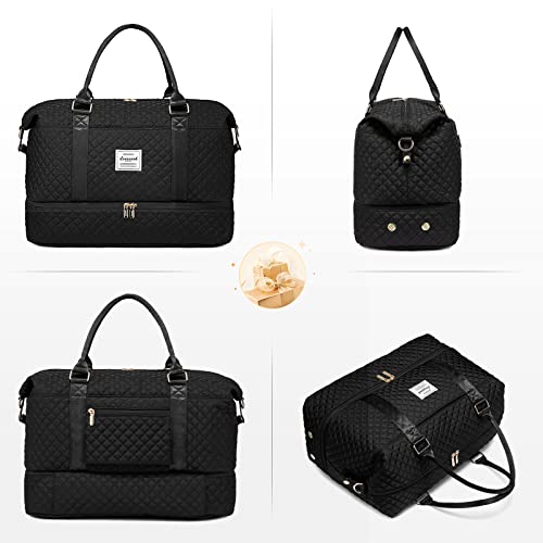 LOVEVOOK Travel Duffle Bag, Weekender Bags for Women with Shoe Compartment, Carry on Overnight Bag with Toiletry Bag, Gym Duffel Bag with Wet Pocket, Hospital Bags for Labor and Delivery, Black