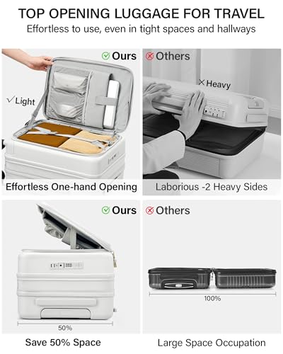 Hanke 20 Inch Expandable Carry On Luggage with Cup Holder 22x14x9 Airline Approved, Top Opening Hard Shell Suitcases with Wheels, Carry-On Travel Suitcase Trunk Luggage with Lock, Smoke White