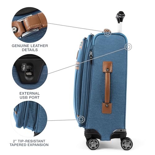 Travelpro Platinum Elite Softside Expandable Carry on Luggage, 8 Wheel Spinner Suitcase, USB Port, Suiter, Men and Women, Coastal Blue, Carry On 21-Inch
