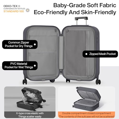 mixi Carry On Luggage with Cup Phone Holder Hard Shell Rolling Travel Suitcase with Spinner Wheels,20 Inch Rock Grey