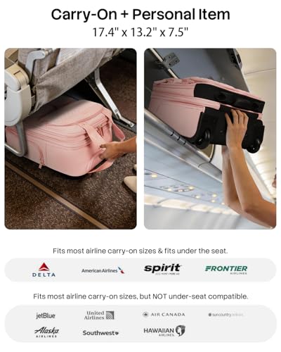 Arcoyard Underseat Carry On Luggage with Wheels, Airline Approved Personal Item Bag, Multiple Compartment Travel Carry-On with Leather Handle, Soft Side Lightweight Rolling Suitcase for Women, Pink, L