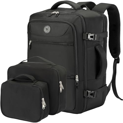 SHRRADOO Travel Backpack for Women & Men,Airline Approved Carry On Luggage,TSA Overnight Bags,40L Personal Item Travel Bag fits 17" Laptop,Carry on Bag with Underwear Bag Cosmetic Bag Set 3pcs (Black)