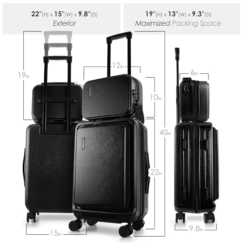 TRAVELARIM 20 Inch Carry On Luggage 22x14x9 Airline Approved, Carry On Suitcase with Wheels, Hard-shell Carry-on Luggage, Durable Luggage Carry-On, Jet Black Small Suitcase with Cosmetic Case