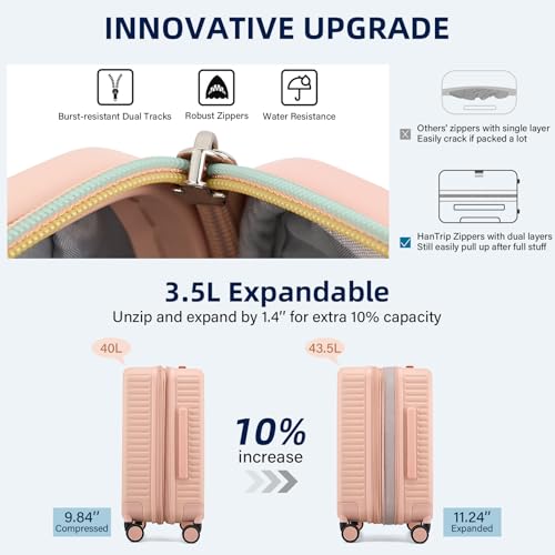 HanTrip Hard Shell Suitcases 20 Inch Carry on Luggage Airline Approved, Expandable Travel Luggage with Cup Holder Charger Built in Lightweight Small Suitcase with Wheels, Pink