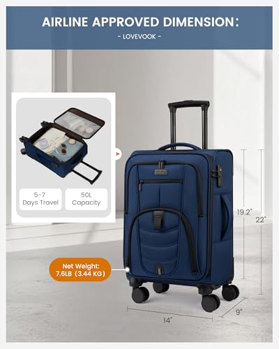 Carry On Luggage 22x14x9 Airline Approved, 22-Inch Suitcases with Spinner Wheels, Softside Carry-on Luggage with TSA Lock for Men Women Business Trip, Lightweight Large Capacity Luggage for Travel