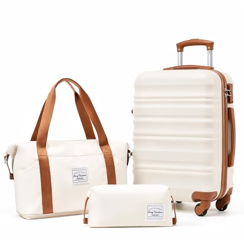 LONG VACATION Carry On Luggage Sets 3 Piece 20 Inch Suitcase Set, ABS+PC Hardshell Lightweight Travel Luggage with Spinner Wheels & YKK Zipper TSA Lock (BEIGE-BROWN, 20 Inch)