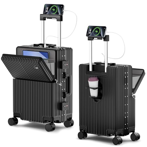 Hiyciy 20 Inch Carry On Luggage Front Pocket, Aluminum Frame PC Hardside Suitcase with Quick Makeup Area, Cup Holder & USB Charger, Spinner Wheels for Weekend Travel (Black, 20 Inch)
