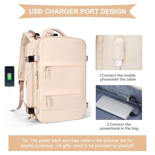 Farmer&Donkey Travel Backpack for Women Men, Waterproof Airlines Approved Carry On Backpack 15.6 Inch Laptop Backpack with USB Charging Port for Computer Bookbag for Business, School, Work(Beige)