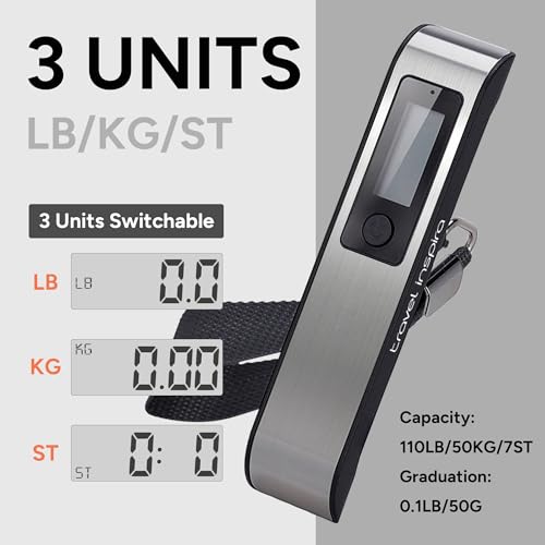 travel inspira Luggage Scale, Digital Luggage Scales, Baggage Scale with Overweight Alert LCD Display 110LB / 50KG (Stainless Steel, Black) Battery Included