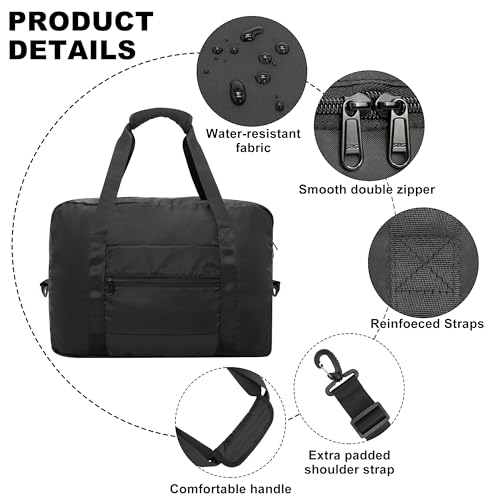 Foldable Travel Duffle Bag, Airlines Approved Carry On Bag Weekender Overnight Bag for Men Women, 40L (Black)