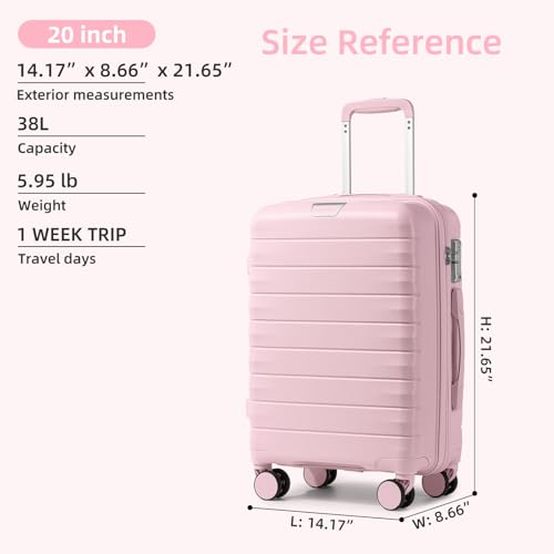 LARVENDER Carry On Luggage 22x14x9 Airline Approved, 20 Inch Hardshell & Lightweight PP Carry On Suitcase for Women with Spinner Wheels TSA Lock, Light Pink