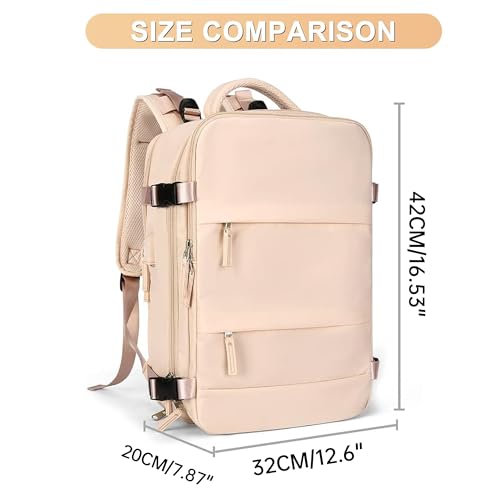 Farmer&Donkey Travel Backpack for Women Men, Waterproof Airlines Approved Carry On Backpack 15.6 Inch Laptop Backpack with USB Charging Port for Computer Bookbag for Business, School, Work(Beige)