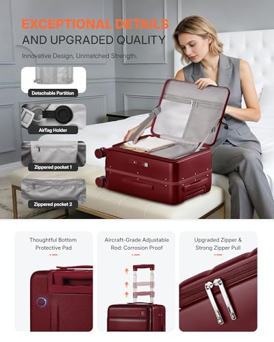ISLAND ELEPHANT 20 Inch Carry On Luggage with Cup Holder and USB Port, Top Opening Hard Shell Suitcase with TSA Lock, Spinner Wheels, Airline Approved Lightweight, Woman Men Gifts-Wine Red