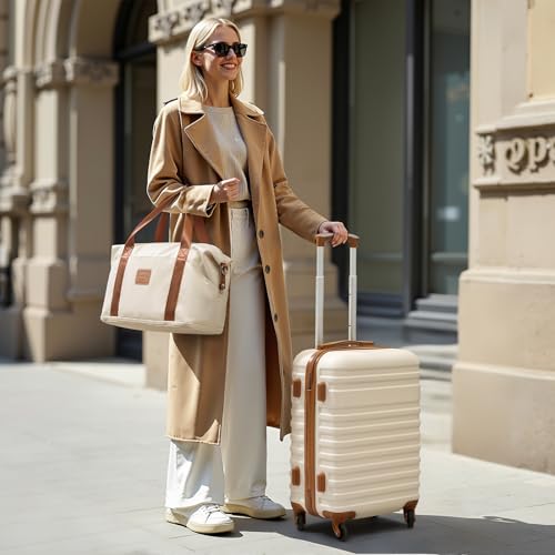 Coolife 3 Piece Luggage Set Carry On Suitcase with Hardside Durable TSA Lock Spinner Wheels (Apricot White, DB/TB/20)