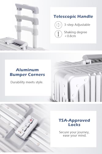 HotWay Carry On Luggage with Spinner Wheels, PC Hard Shell Zipperless Suitcase with Aluminum Frame and TSA Locks, 22x14x9 Airline Approved Lightweight Luggage for Business Travel (Silver, 20 Inch)