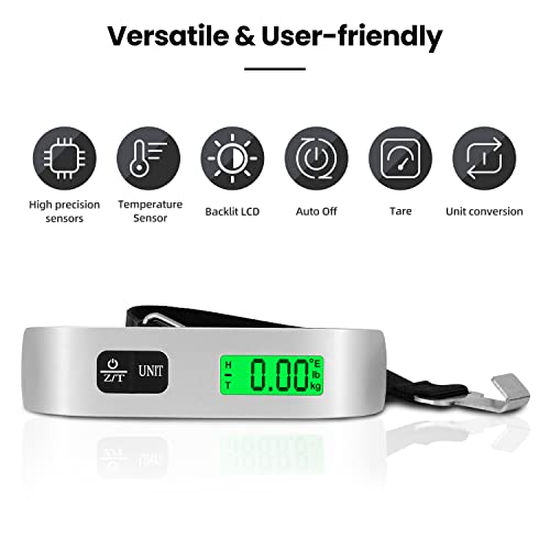 BAGAIL Digital Luggage Scale, 110lbs Hanging Baggage Scale with Backlit LCD Display,Portable Suitcase Weighing Scale,Travel Luggage Weight Scale with Hook,Strong Straps for Travelers(Ash Silver