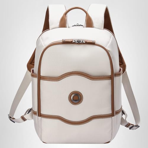 DELSEY PARIS Chatelet Air 2.0 - Travel Laptop Backpack - Fits 14" Laptop - Water-Repellent Recycled Fabric Backpack - Vegan Leather Trim - Smart Trolley Band, Angora