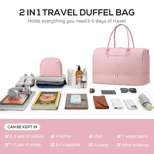 Travel Weekender Bags for Women - Duffle Bag Women with Shoe Compartment Carry On Overnight Bag with Toiletry Bag Duffel Bags with Wet Pocket for Gym Hospital Bags for Labor and Delivery Pink