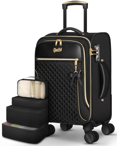 Carry On Luggage 22x14x9 Airline Approved, 20 Inch Softside Suitcase with 4 Pcs, Lightweight Luggage for Women with TSA Lock and 4 Spinner Wheels, Soft Side Carry-on Suitcases for Travel, Black